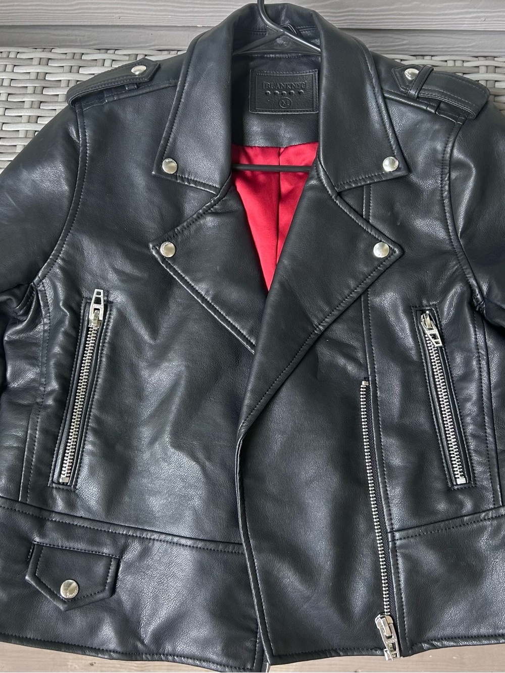 Blank NYC Black Faux Leather Moto Jacket with Red Lining and Silver Hardware